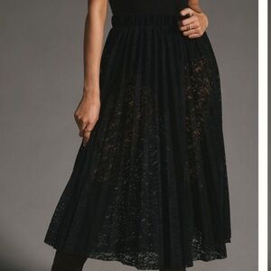 ANTHROPOLOGIE SHEER LACE PLEATED MIDI SKIRT, BLACK, SIZE S